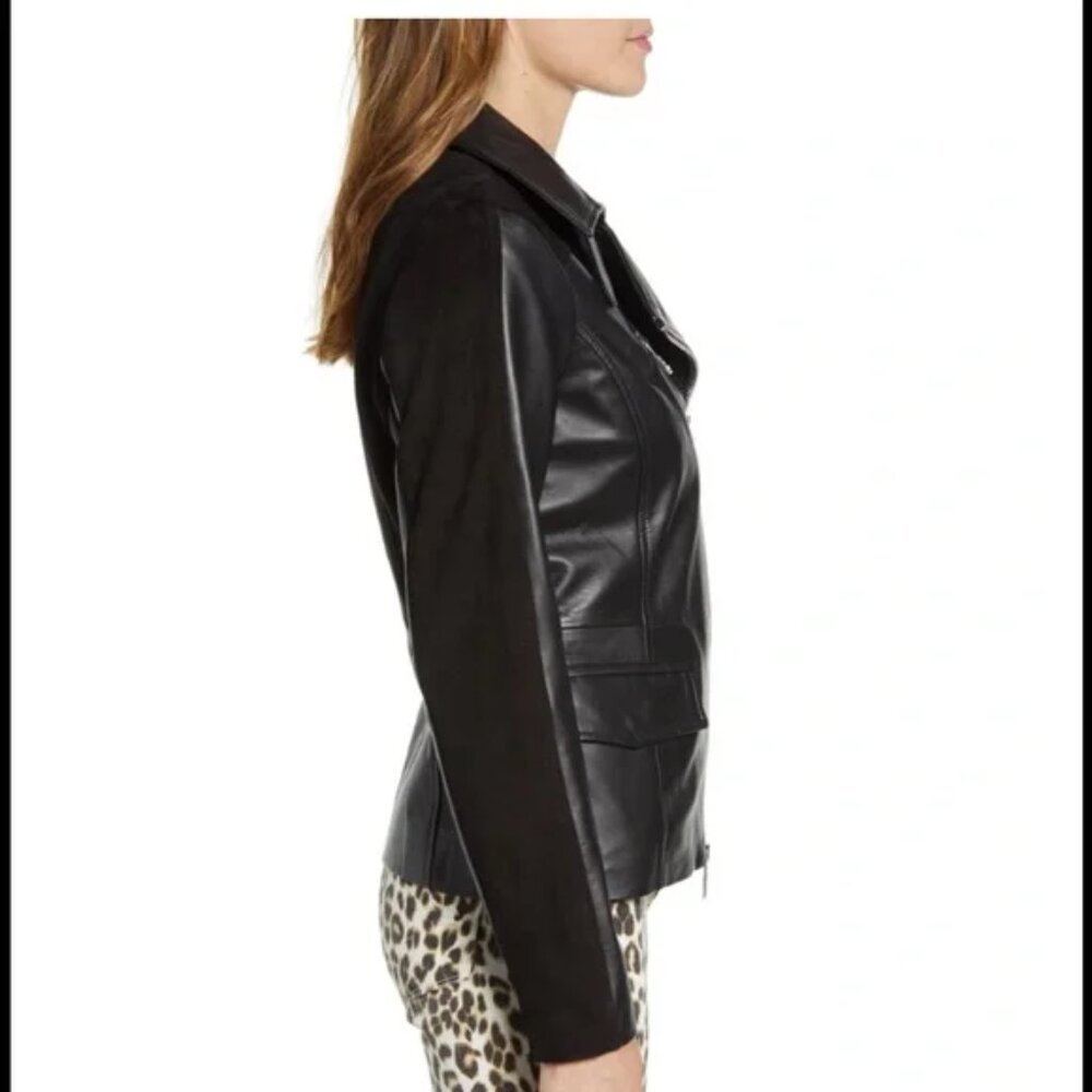 new BERNARDO Suede Detail soft genuine Leather Double zipper Moto Jacket - Picture 5 of 6